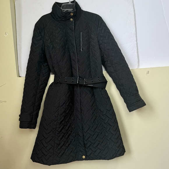 Cole Haan Quilted Coat Jacket Pockets Zipper Lined Belted Straight Minimalist M - Picture 4 of 15
